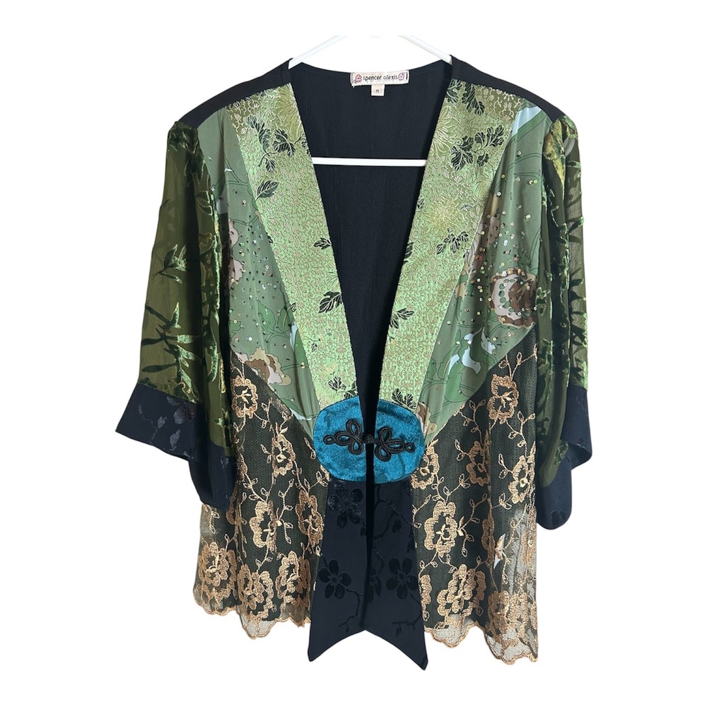 Spencer Alexis Jacket Women Medium Green Mixed Media Frog Closure Sequin Lace